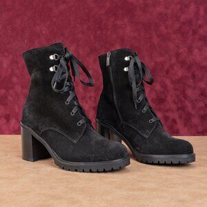 La Canadienne Women Parker Black Suede Lace-up Zip Heel Ankle Boots sz 6.5